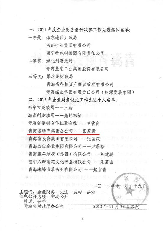 物產(chǎn)集團榮獲2011年度財務(wù)決算先進單位、2012年度財務(wù)快報工作先進個人表彰